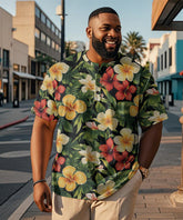 Men's Plus Size Hawaiian Red And Yellow Floral Print Henry Collar Button Short Sleeve Tee